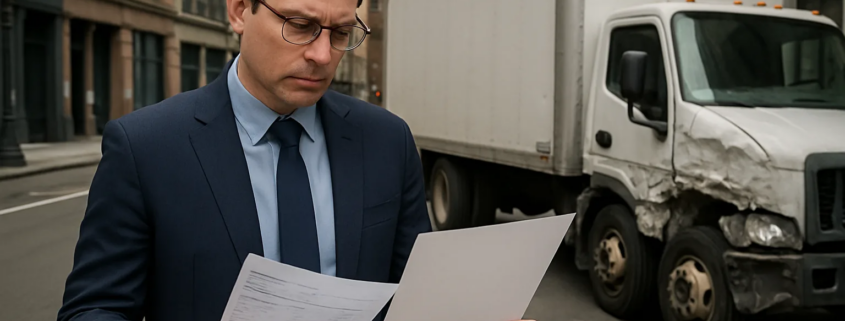 New York truck accident medical bills and no-fault coverage discussion beside a commercial truck