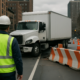 New York construction-zone truck accident liability scene with barriers, lane closures, and a commercial truck