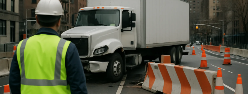 New York construction-zone truck accident liability scene with barriers, lane closures, and a commercial truck