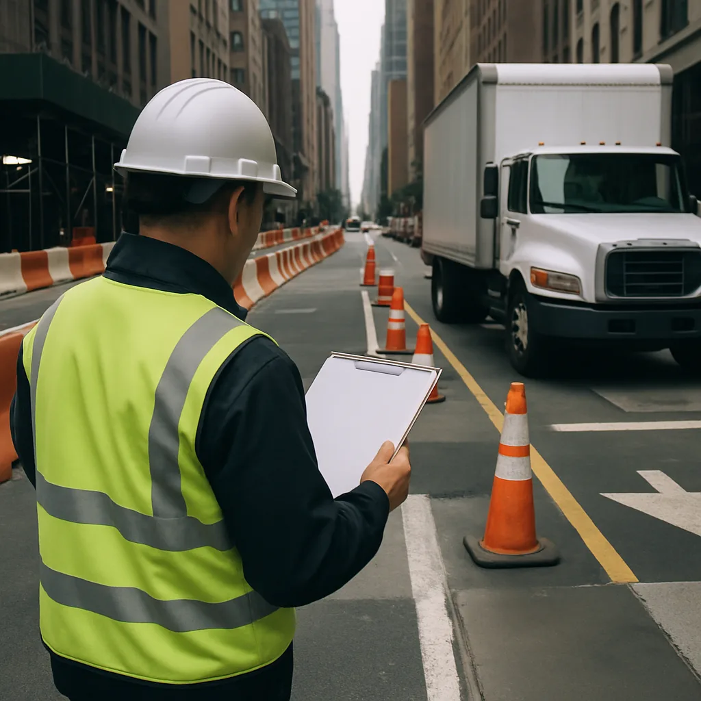 Investigator examining barriers and lane markings after a New York work-zone truck crash